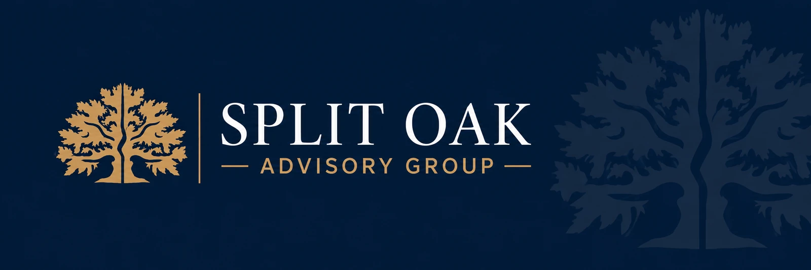 Split Oak Advisory Group logo and golden tree emblem on deep navy
